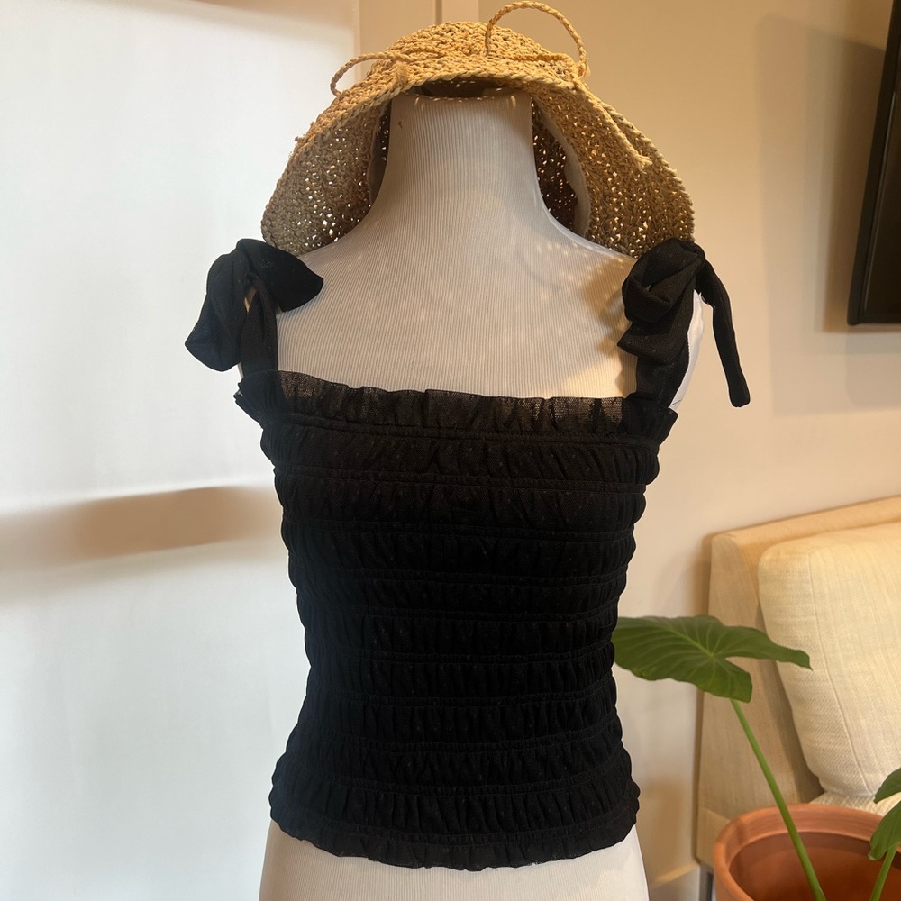 Anthropologie Black Smocked Mesh Tie Top